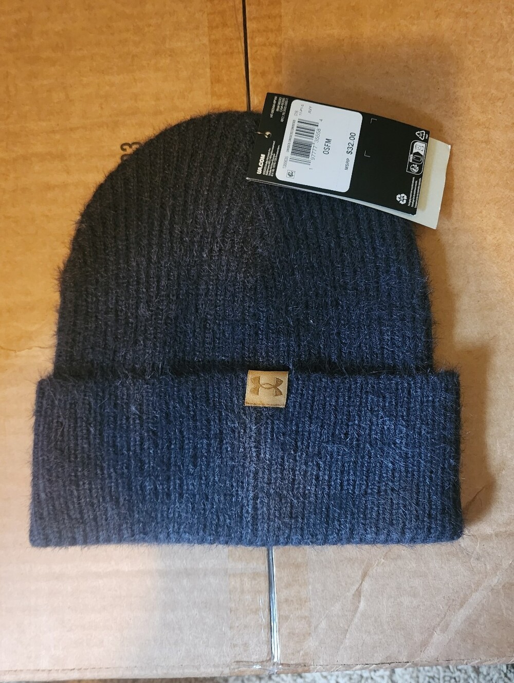 Under Armour Navy Blue Knit Cuffed Beanie with Leather Logo